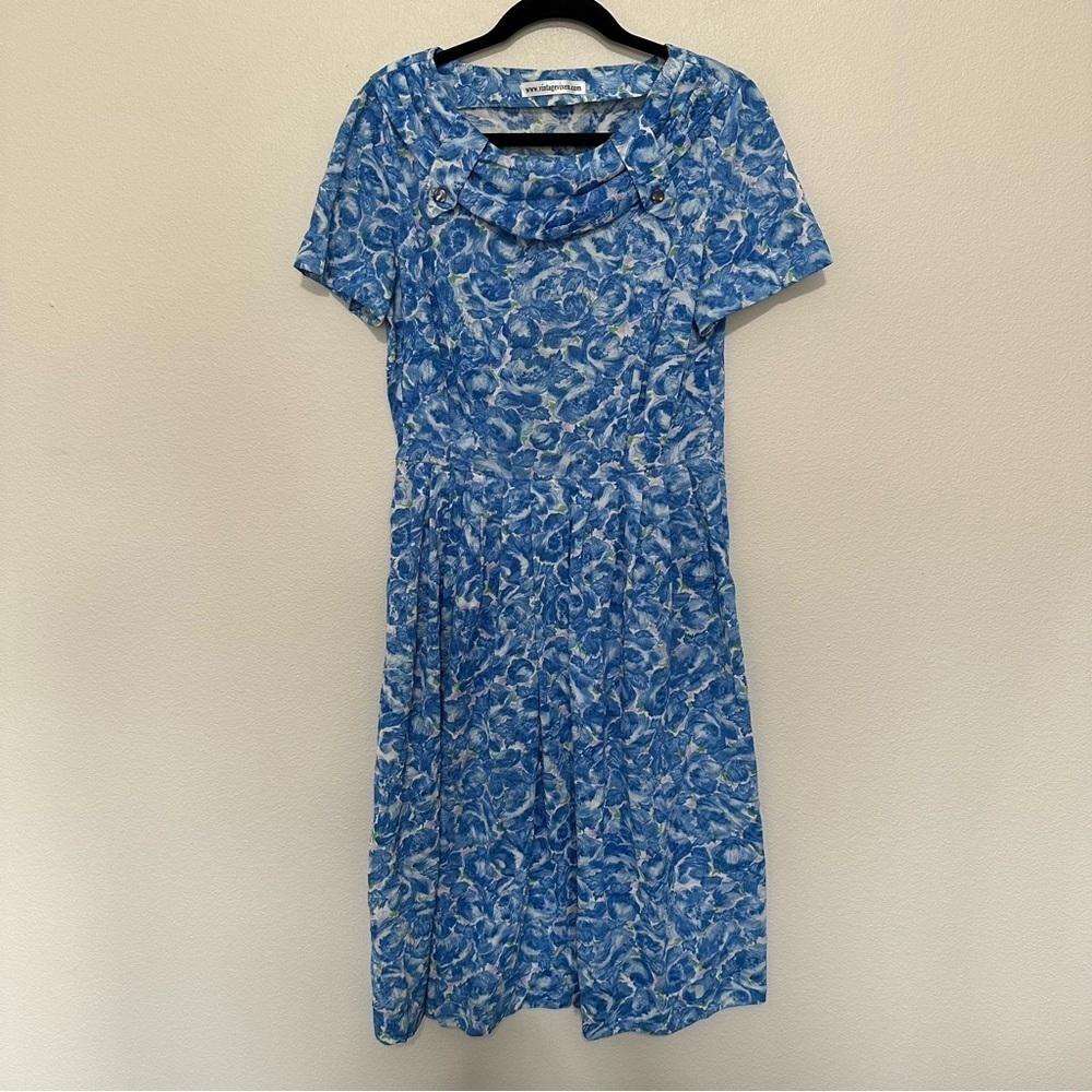 Blue Floral Cowl-Neck Midi Dress